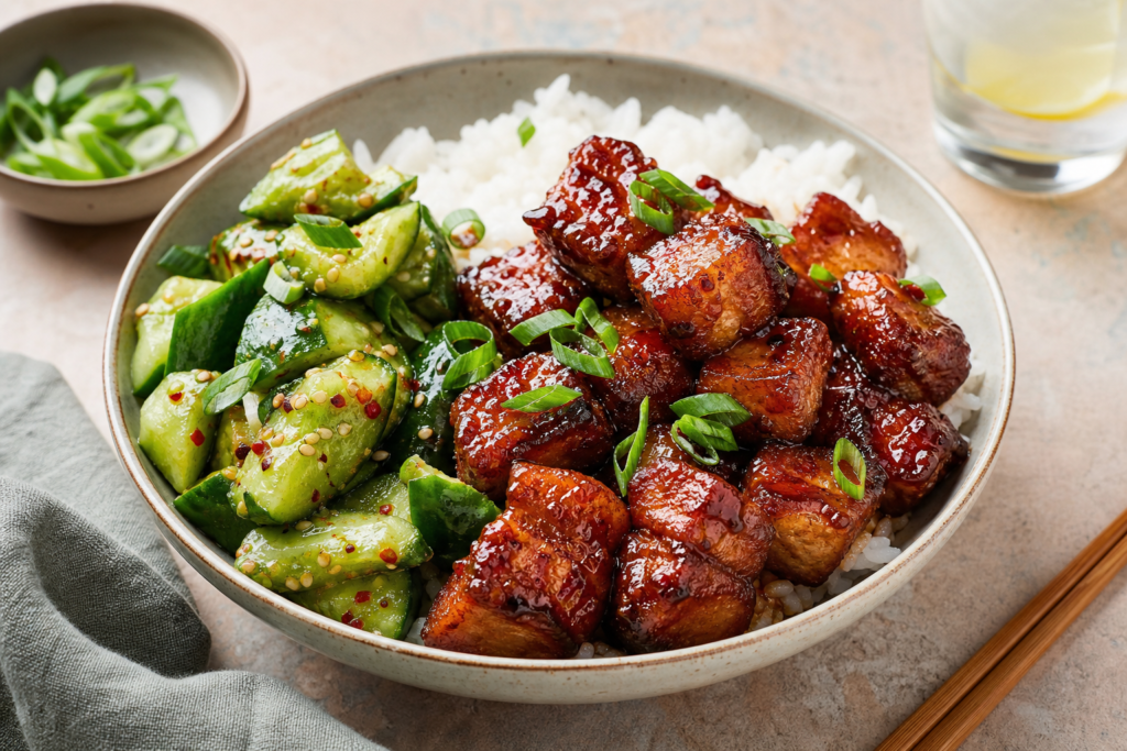 A finished serving of Air Fryer Sticky Pork Belly Bites