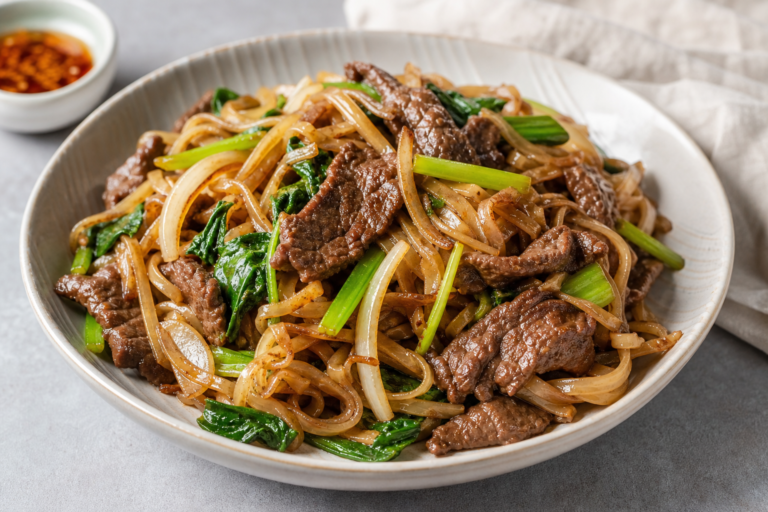 A finished serving of Beef Rice Noodles
