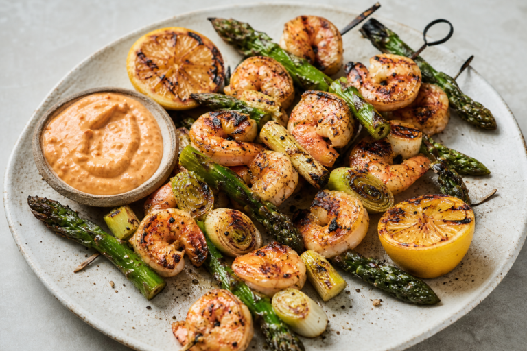 A finished serving of Charred Shrimp, Leek and Asparagus Skewers