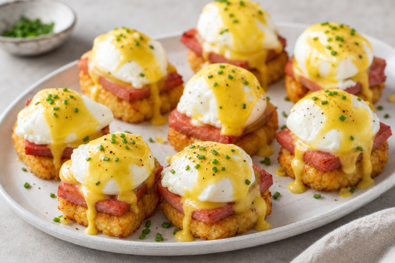 A finished serving of Eggs Benedict Hash Brown Bites