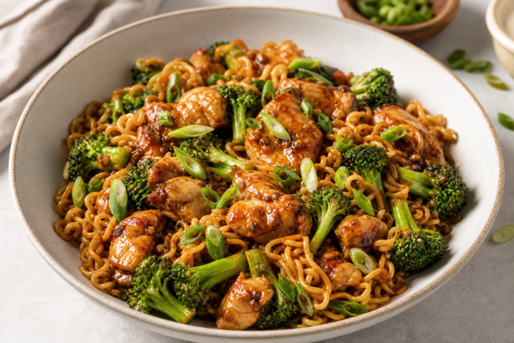 A finished serving of One-pan Chicken and Broccoli Ramen Noodles