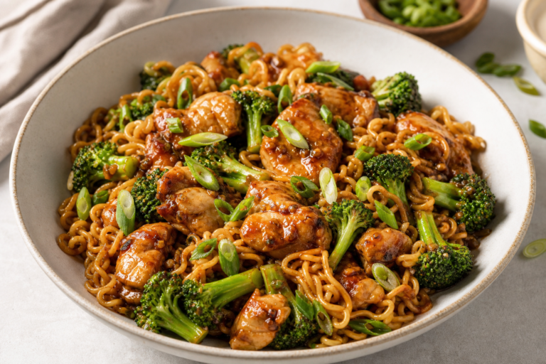 A finished serving of One-pan Chicken and Broccoli Ramen Noodles