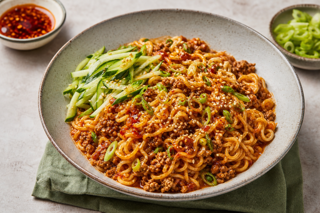 A finished serving of One-pan Korean-style Beef Noodles