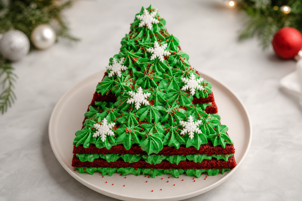 A finished serving of Red Velvet Christmas Tree Cake