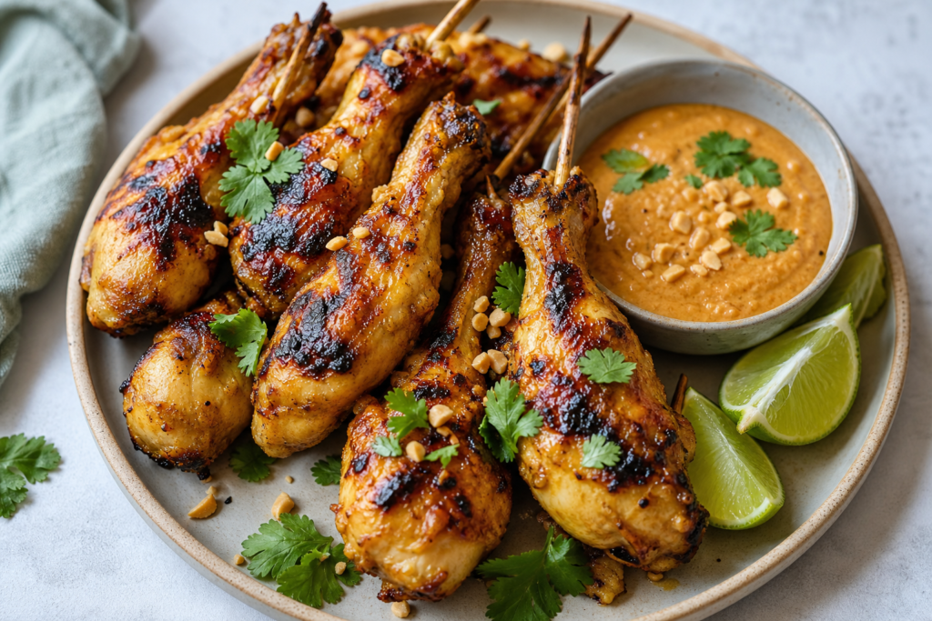 A finished serving of Satay chicken legs with peanut sauce