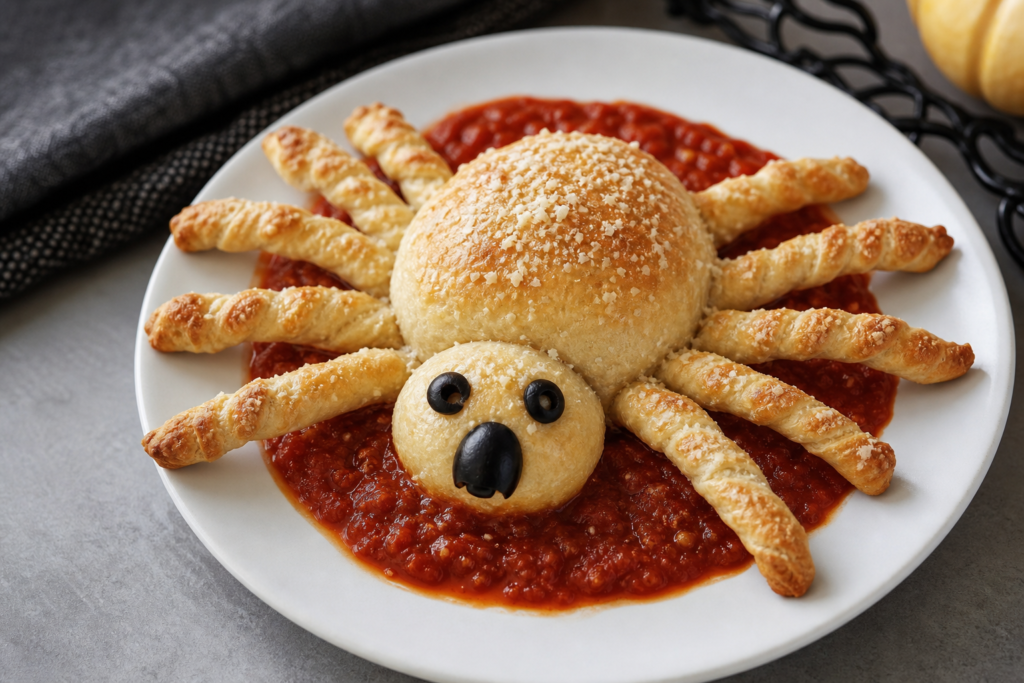 A finished serving of Saucy Spider with Hairy Leg Sticks