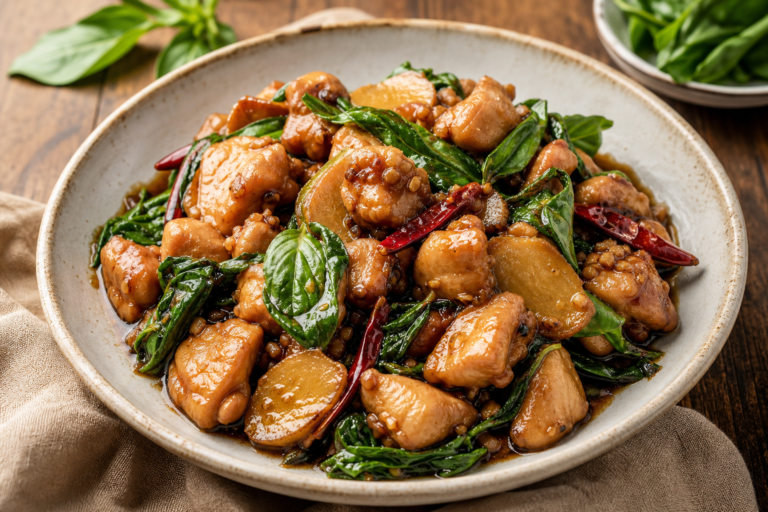 A finished serving of Taiwanese Three Cup Chicken